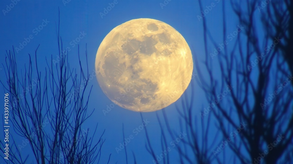 Naklejka premium Full Moon Through Bare Branches
