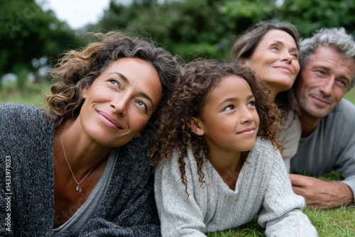 A close-knit family enjoying a moment together on the grass, expressing love and connection while sharing smiles and laughter in a picturesque outdoor setting.
