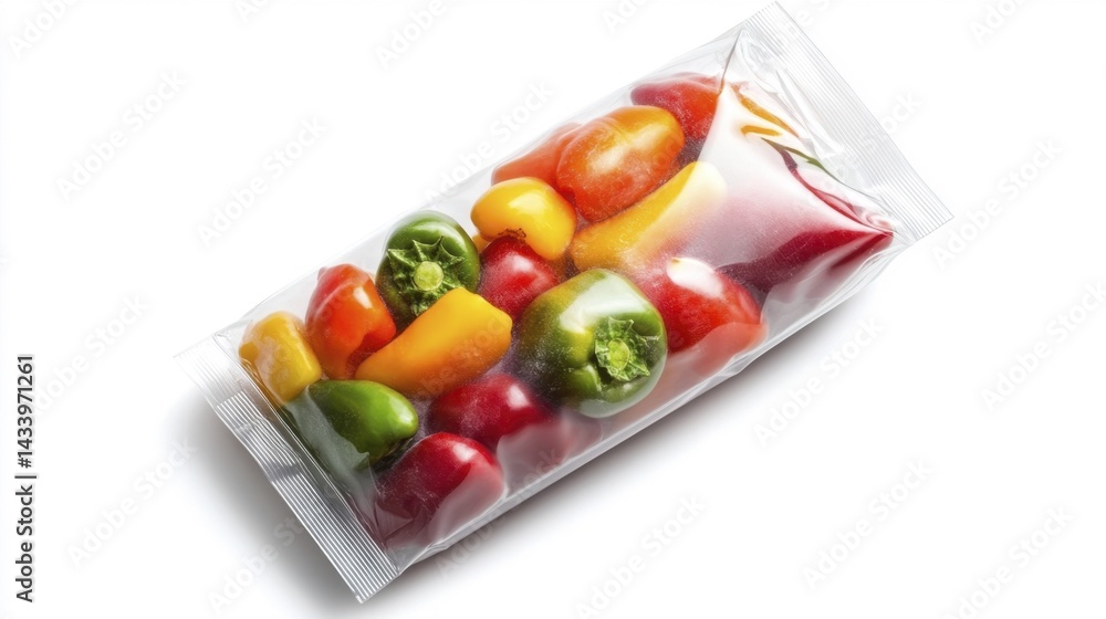 Frozen chili peppers in transparent packaging isolated on white background. Generative AI