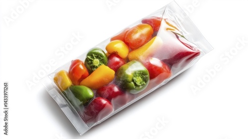 Obraz na płótnie Frozen chili peppers in transparent packaging isolated on white background. Generative AI w salonie