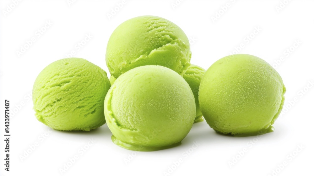 Fresh green ice cream scoops on white background. Generative AI