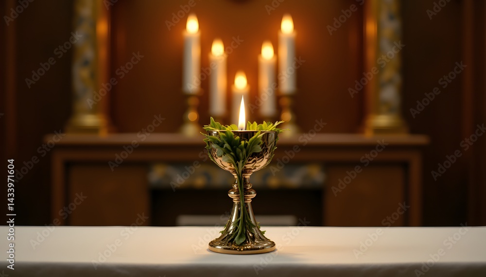 Serene Chalice and Glowing Candles: The image shows a gleaming, ornate chalice holding a sprig of leaves, bathed in the warm glow of several flickering candles. Serene Chalice and Glowing Candles: The image shows a gleaming, ornate chalice holding a sprig of leaves, bathed in the warm glow of several flickering candles.