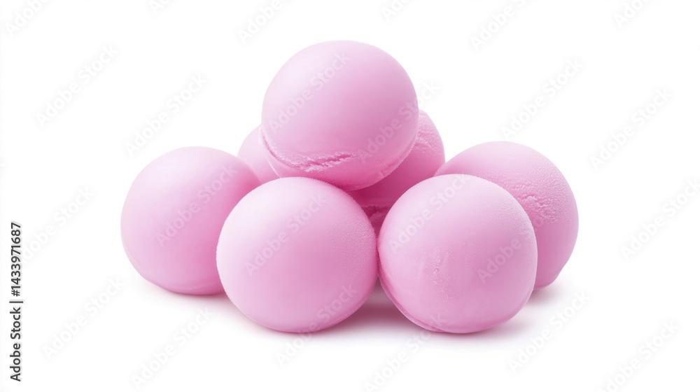 Pink ice cream balls stacked on a white background. Generative AI