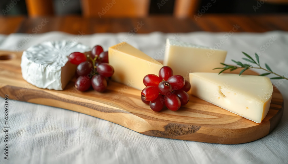 Close-Up of a Rustic Cheese Board with Grapes Close-Up of a Rustic Cheese Board with Grapes