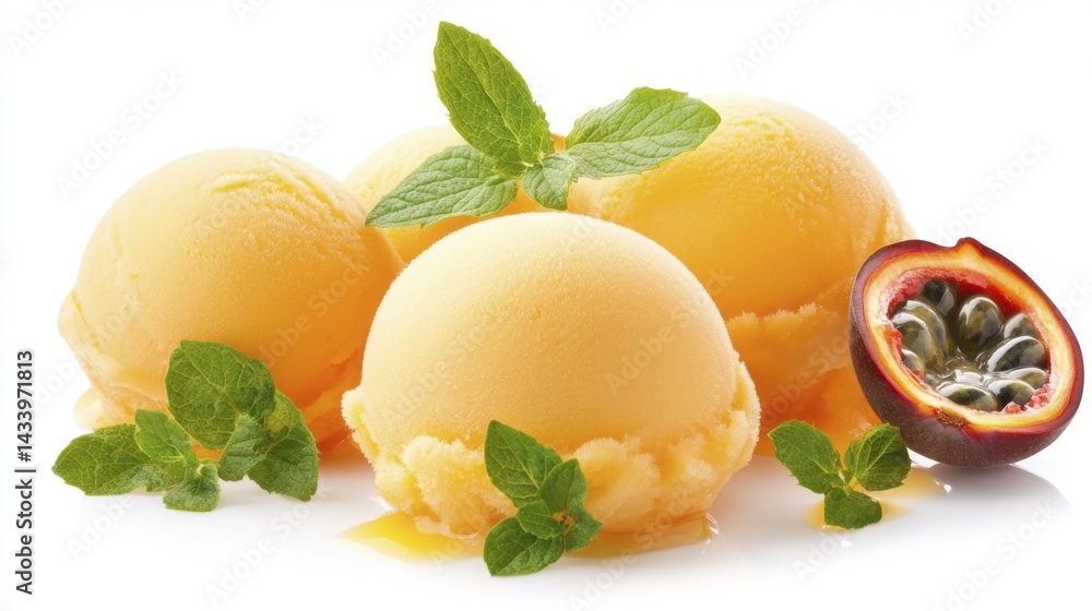 Passion Fruit Ice Cream Balls Isolated on White Background. Generative AI