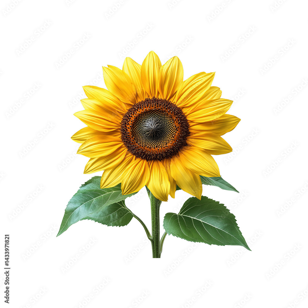 Obraz premium Yellow sunflower with green leaves isolated on transparent background