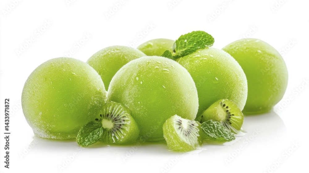 Frozen green grapes with kiwi and mint leaves on white background. Generative AI