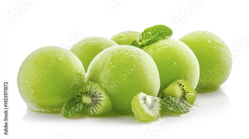 Obraz na płótnie Frozen green grapes with kiwi and mint leaves on white background. Generative AI w salonie
