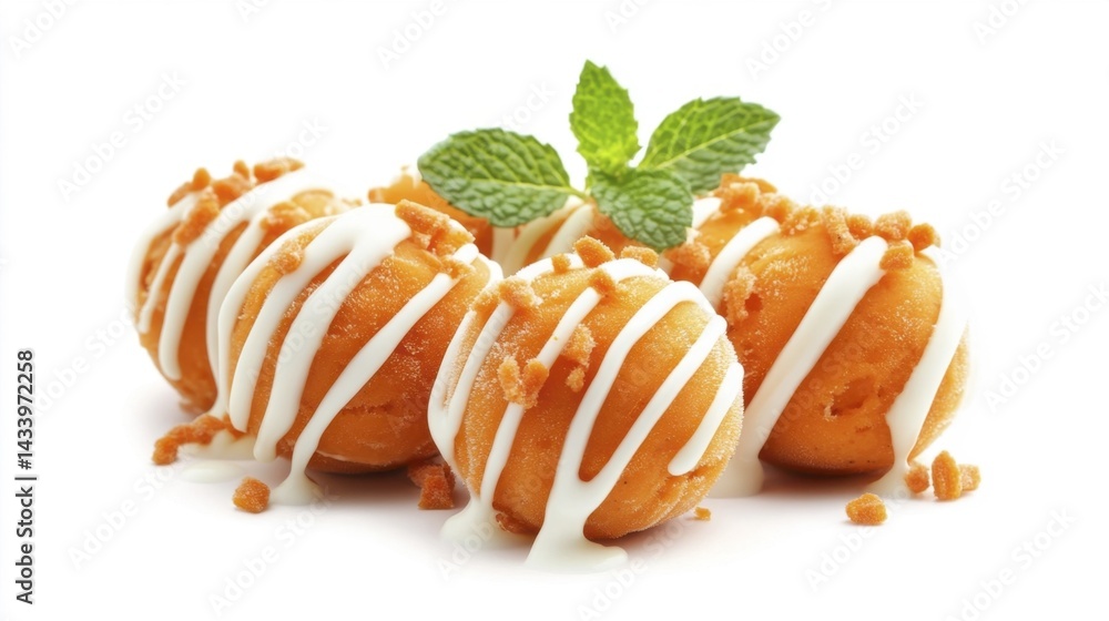 Delicious orange dessert balls with white drizzle and mint leaves. Generative AI