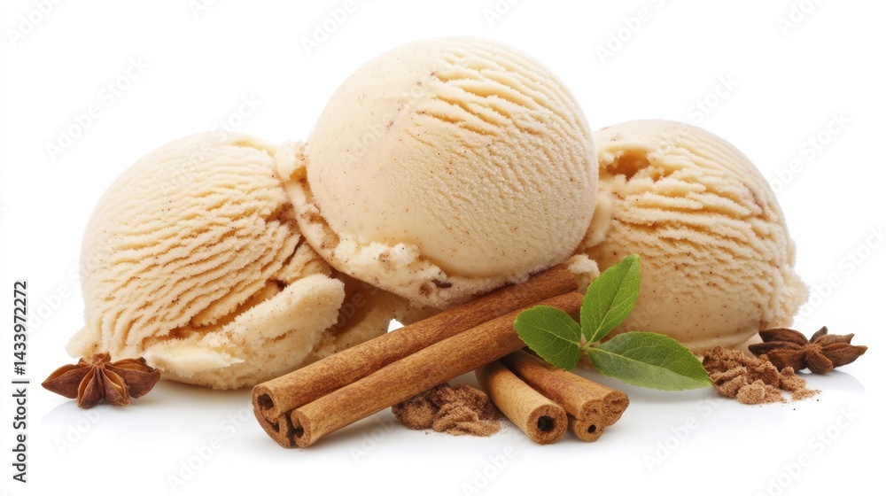 Delicious cinnamon ice cream with spices and herbs. Generative AI
