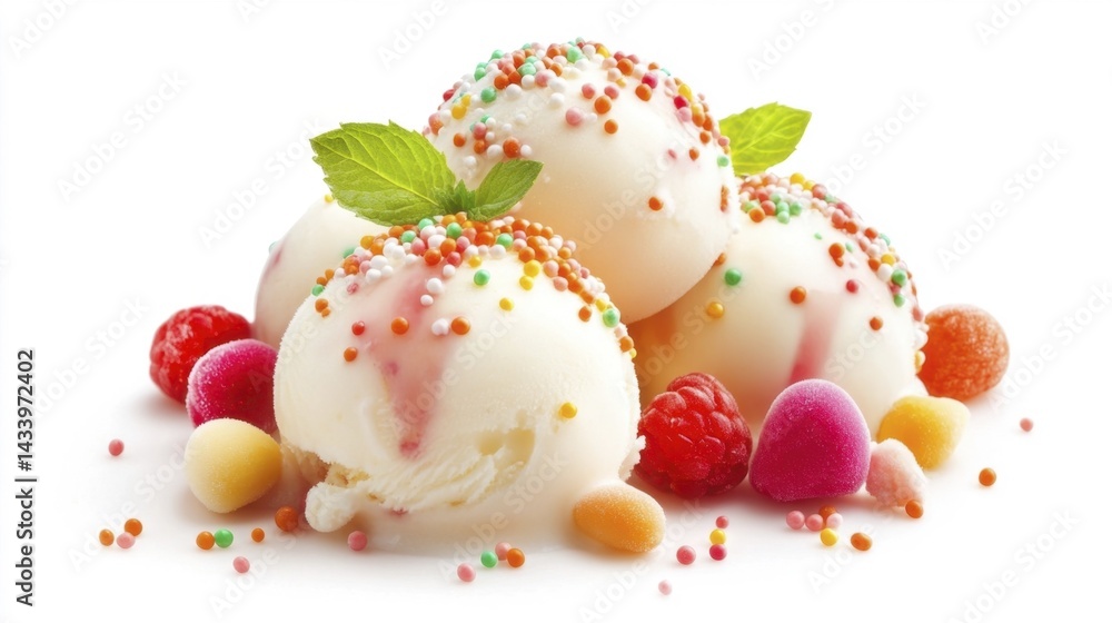 Ice cream with colorful sprinkles and candies. Generative AI