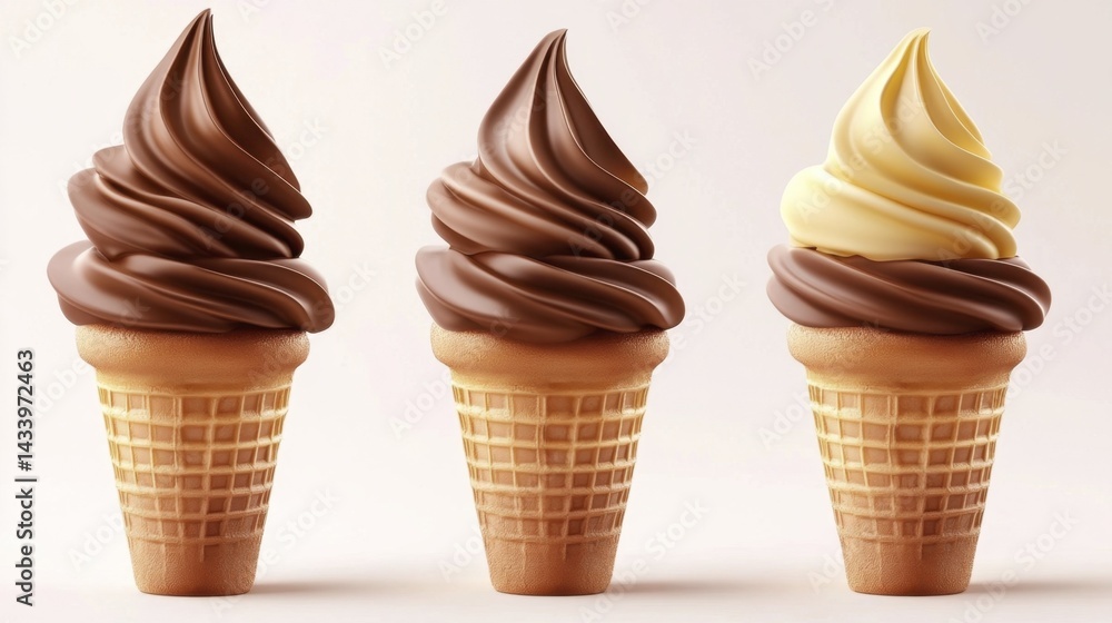 Chocolate Ice Cream in Waffle Cone Isolated on White Background. Generative AI