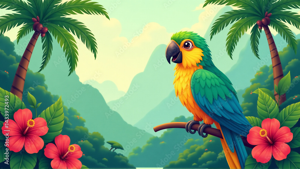 Fototapeta premium Whimsical Tropical Parrot Paradise: A Vibrant Clipart Illustration for Summer Fun and Exotic Adventures