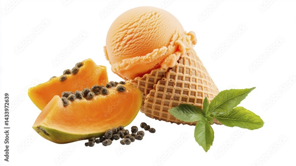 Papaya ice cream in waffle cone isolated on white background. Generative AI