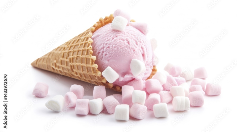 Marshmallow ice cream in waffle cone. Isolated on white background. Generative AI