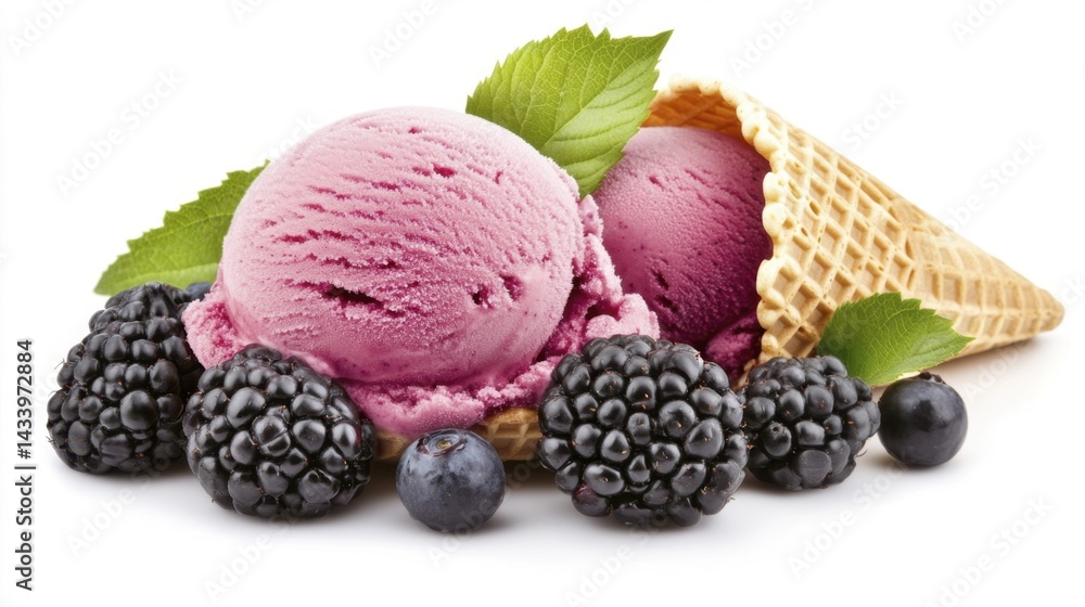Blackberry Cheesecake Ice Cream in Waffle Cone Isolated on White Background. Generative AI