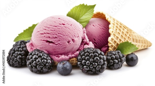Obraz na płótnie Blackberry Cheesecake Ice Cream in Waffle Cone Isolated on White Background. Generative AI w salonie