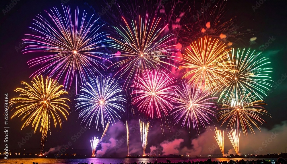 A breathtaking firework display illuminating the night sky, each explosion bursting into radiant streaks of color. A breathtaking firework display illuminating the night sky, each explosion bursting into radiant streaks of color.