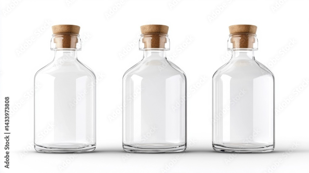 Empty glass bottles with corks on white background. Generative AI