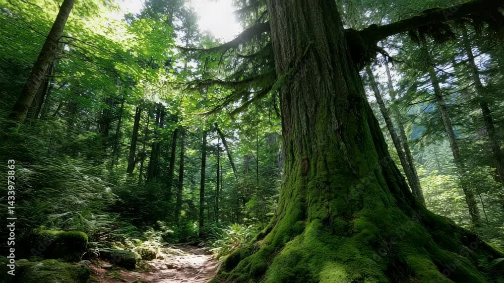 Sunlit forest path winding through dense green foliage with large moss covered trees, creating a serene and natural landscape Sunlit forest path winding through dense green foliage with large moss covered trees, creating a serene and natural landscape