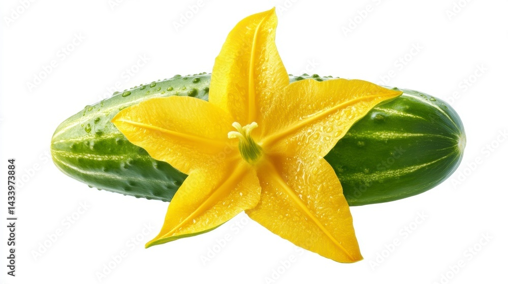 Fototapeta premium Fresh Green Cucumber and Vibrant Yellow Flower on White Background