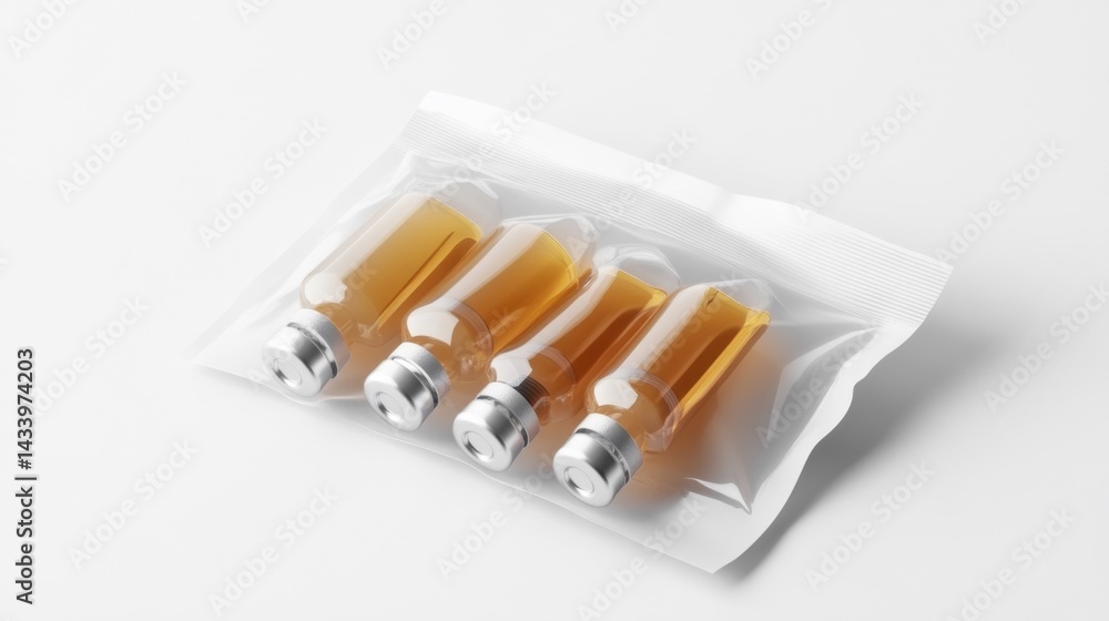 Vials of liquid in a sealed package. Generative AI