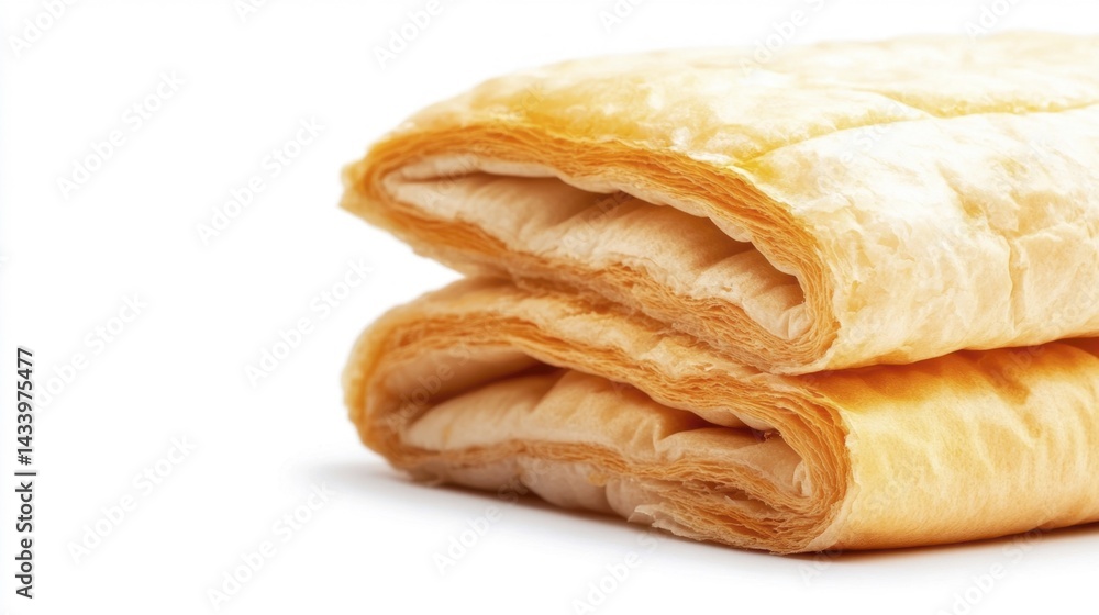 Close-up view of folded pastry layers on a white background. Generative AI