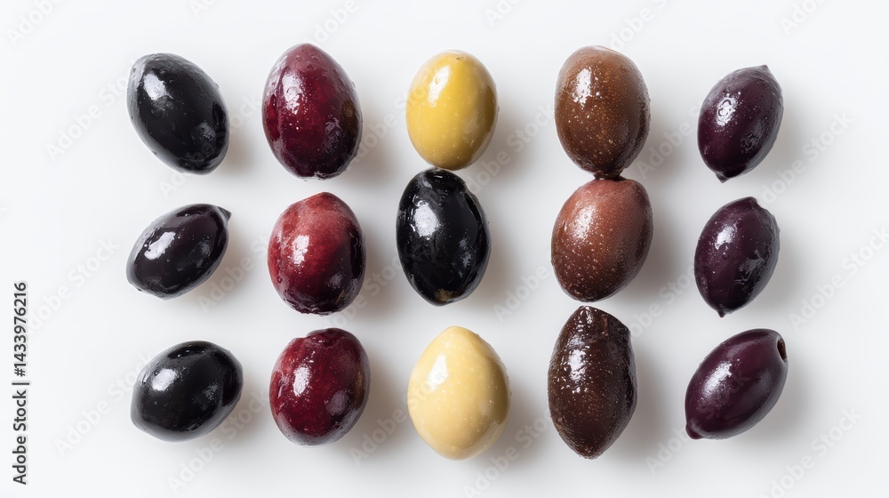 Variety of Colorful Olives on White Background Displaying Different Textures and Shapes Variety of Colorful Olives on White Background Displaying Different Textures and Shapes