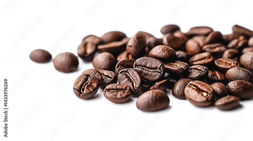 Fototapeta premium A pile of coffee beans with a white background. The beans are of different sizes and shapes. Concept of warmth and comfort, as coffee is often associated with relaxation and socializing
