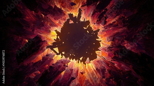 Abstract 3D shattered glass with fiery glow, destruction concept. Perfect for backgrounds, textures, and digital art.