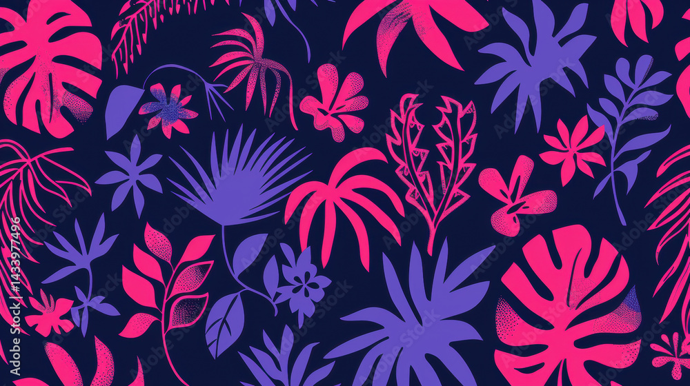 vibrant pattern featuring tropical leaves and flowers in shades of pink and purple against dark background, creating lively and energetic atmosphere vibrant pattern featuring tropical leaves and flowers in shades of pink and purple against dark background, creating lively and energetic atmosphere