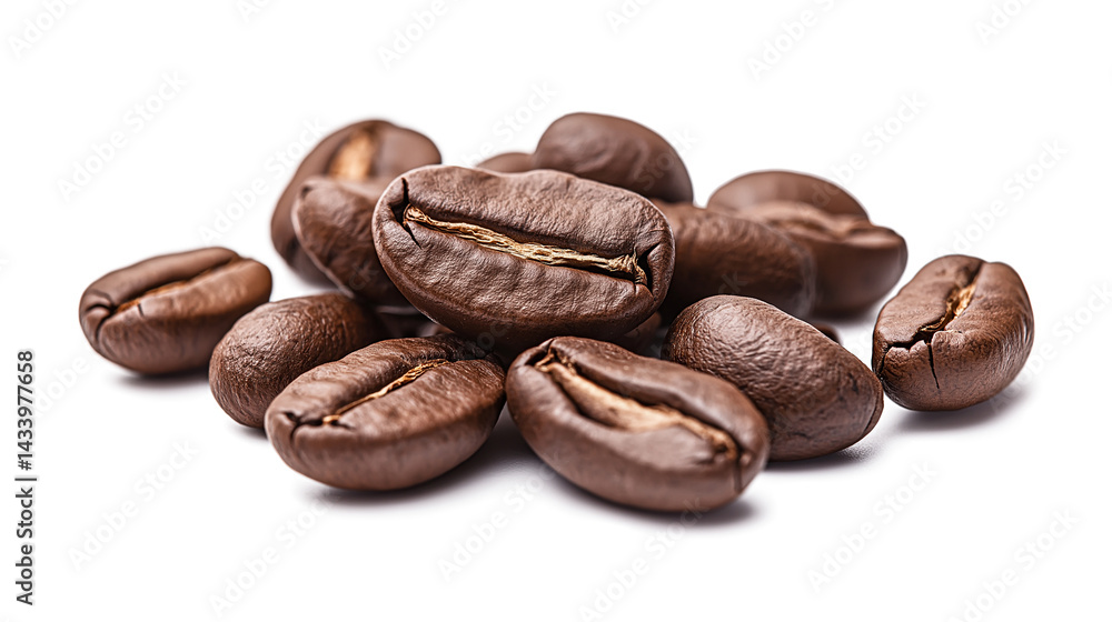 A pile of coffee beans with a white background. The beans are of different sizes and shapes. Concept of warmth and comfort, as coffee is often associated with relaxation and socializing A pile of coffee beans with a white background. The beans are of different sizes and shapes. Concept of warmth and comfort, as coffee is often associated with relaxation and socializing