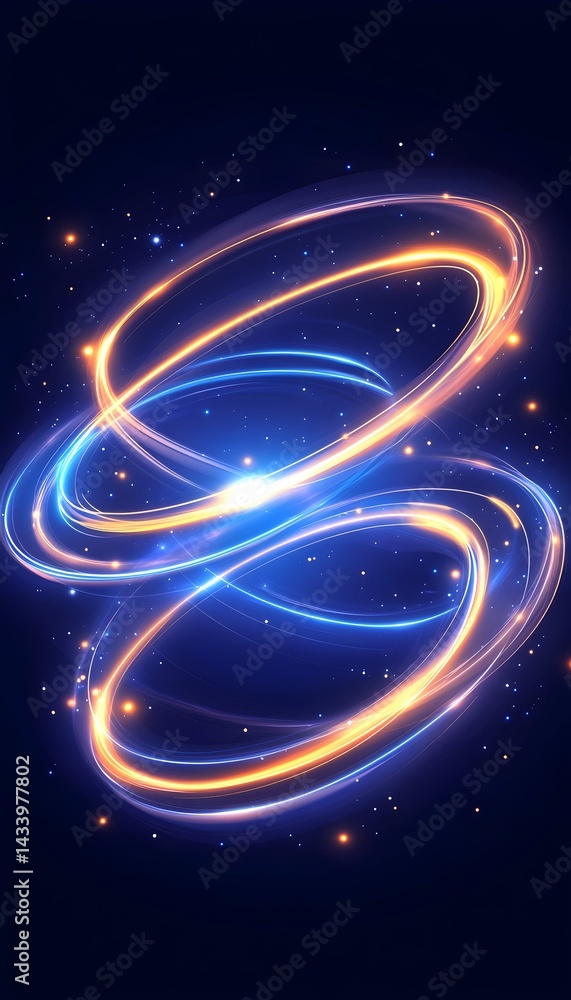 Fototapeta premium Intertwined luminous rings, blue and orange, glow with sparkling particles on a dark background