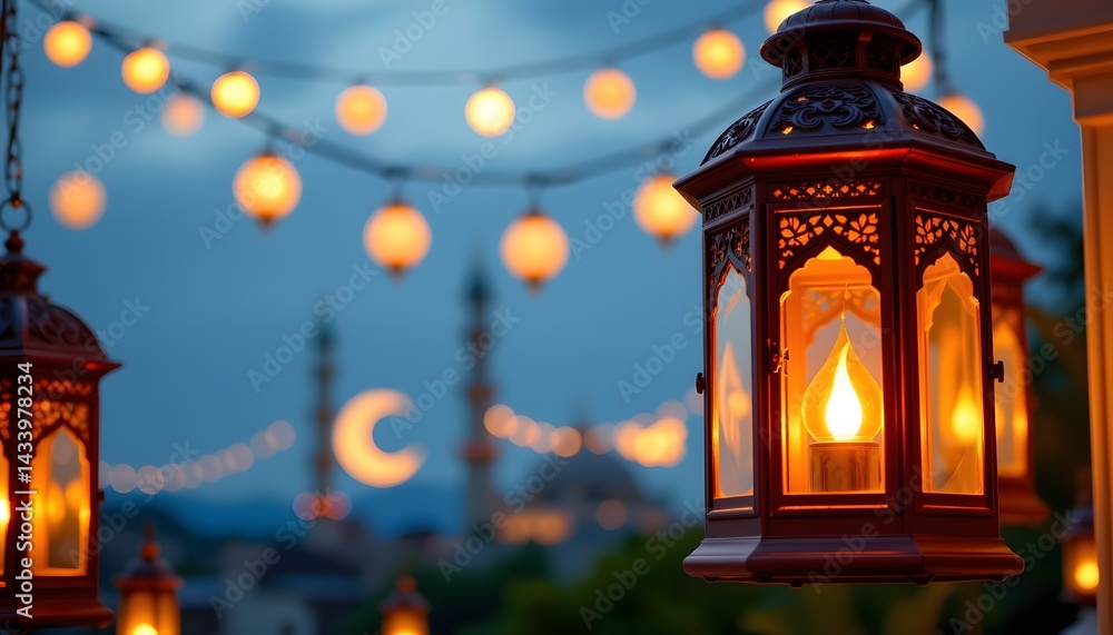 Lanterns Aglow: Evening view of illuminated lanterns casting a warm light with moon as background in the sky, evoking a sense of tranquility. Lanterns Aglow: Evening view of illuminated lanterns casting a warm light with moon as background in the sky, evoking a sense of tranquility.