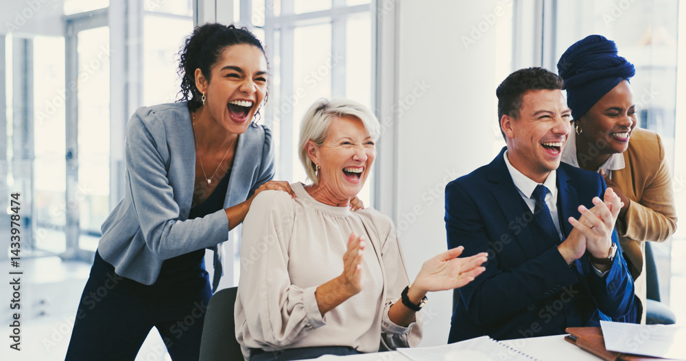 © peopleimages.com - Clapping hands, teamwork and business people in office with good news, success or collaboration. Happy, celebration and financial advisors cheering for company investment approval in workplace.