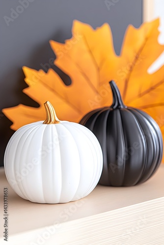 White and black pumpkins with gold stem, autumn leaf