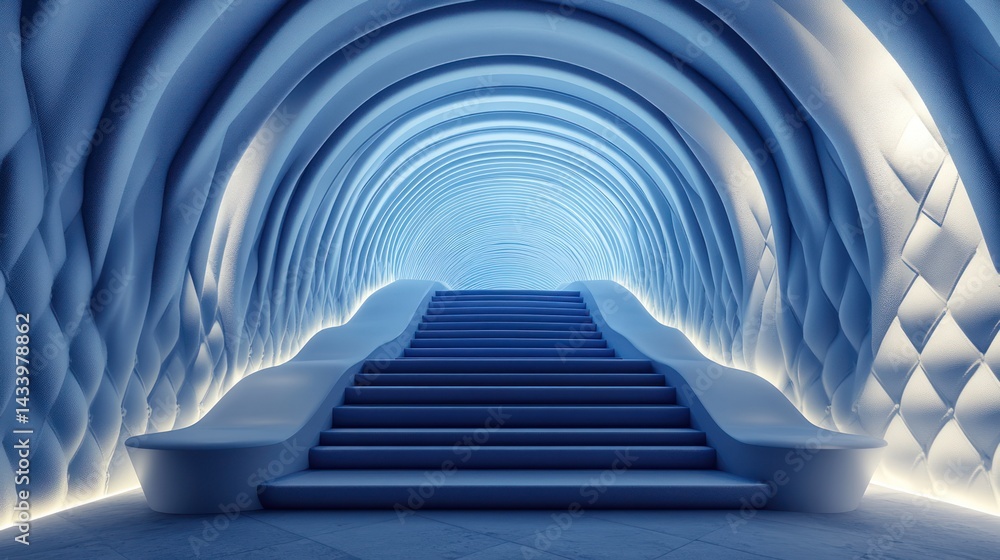 Obraz premium Blue arched tunnel staircase, glowing interior, future concept, architecture design