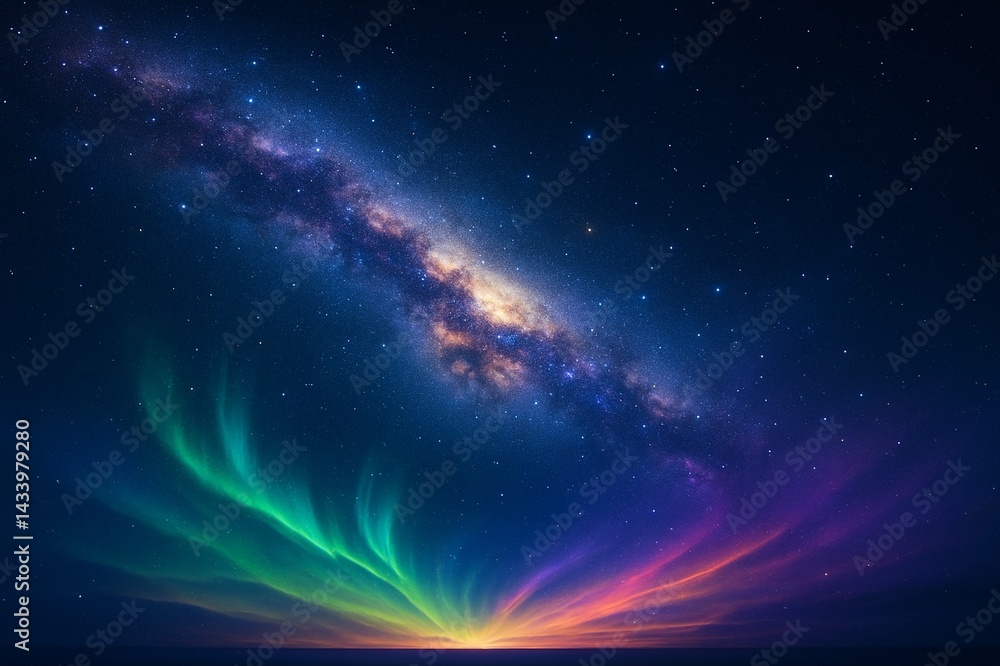 A surreal view of the Milky Way galaxy above a glowing aurora sky A surreal view of the Milky Way galaxy above a glowing aurora sky