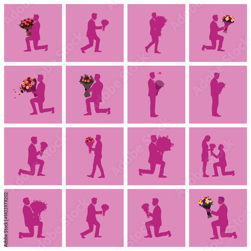 vector silhouette set of a man proposing to his girlfriend with flowers
