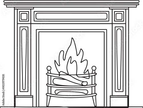 Classic fireplace interior in elegant black and white continuous line art style featuring mantel frame and log for cozy home decor and vintage architectural charm
