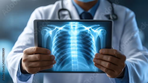 Wallpaper Mural A doctor carefully examines a virtual x-ray projection with focused attention. The integration of advanced technology in medical diagnostics. Generative AI. Torontodigital.ca