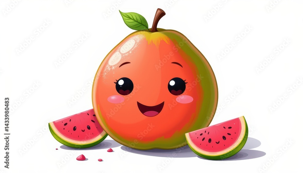 Obraz premium Happy cartoon guava with kawaii eyes, white background