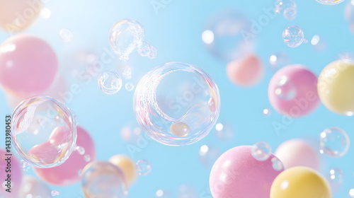 Floating Transparent Bubbles in Air with Colorful Soft Light and Pastel Background