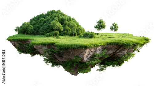 Floating Island: A surreal landscape showcases a vibrant floating island. A verdant expanse of land and a tranquil place of nature with untouched beauty