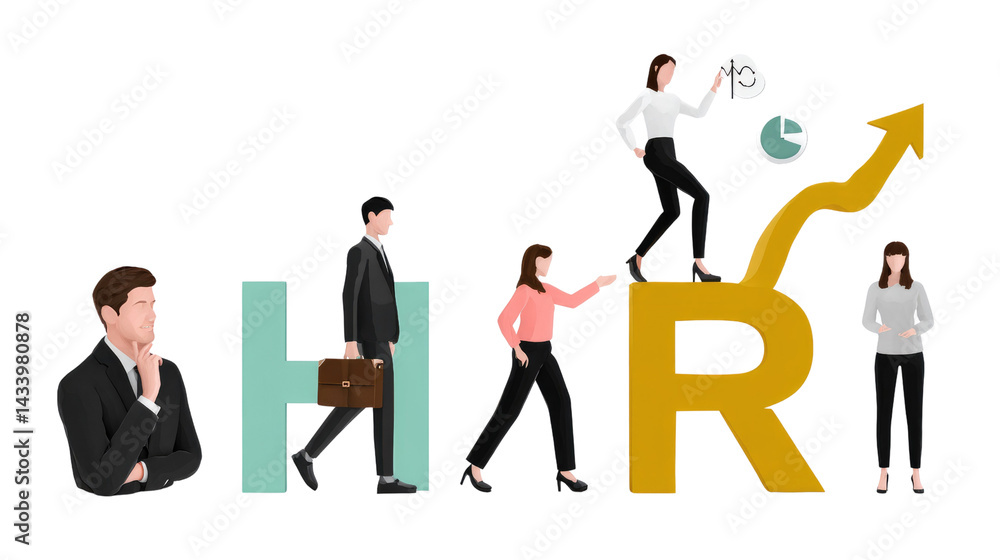 Human Resources Pathway to Success: A visually compelling illustration depicts individuals progressing through HR, symbolized by a rising arrow and letters, embodies growth and achievement. Human Resources Pathway to Success: A visually compelling illustration depicts individuals progressing through HR, symbolized by a rising arrow and letters, embodies growth and achievement.