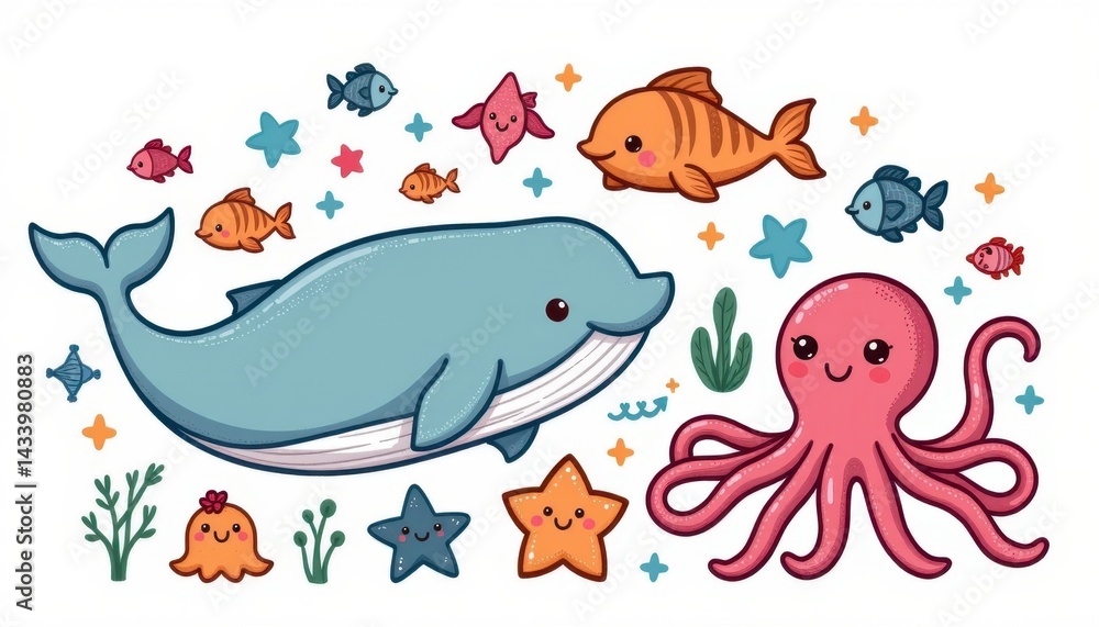 Fototapeta premium Kawaii sea creatures: whale, dolphin, and octopus, white background