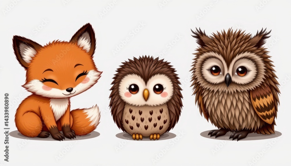 Fototapeta premium Kawaii woodland animals: fox, hedgehog, and owl, white background
