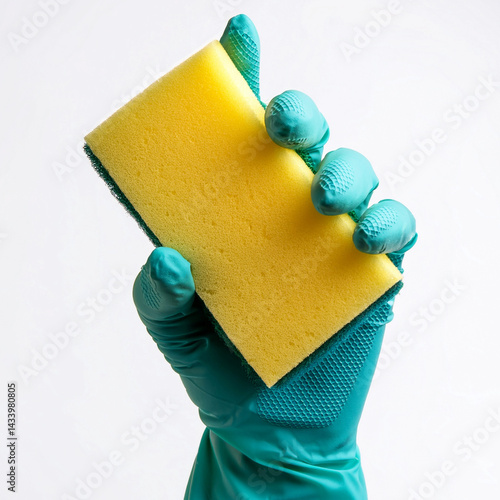 mano con guantes sostiene esponja aislada sobre fondo blanco