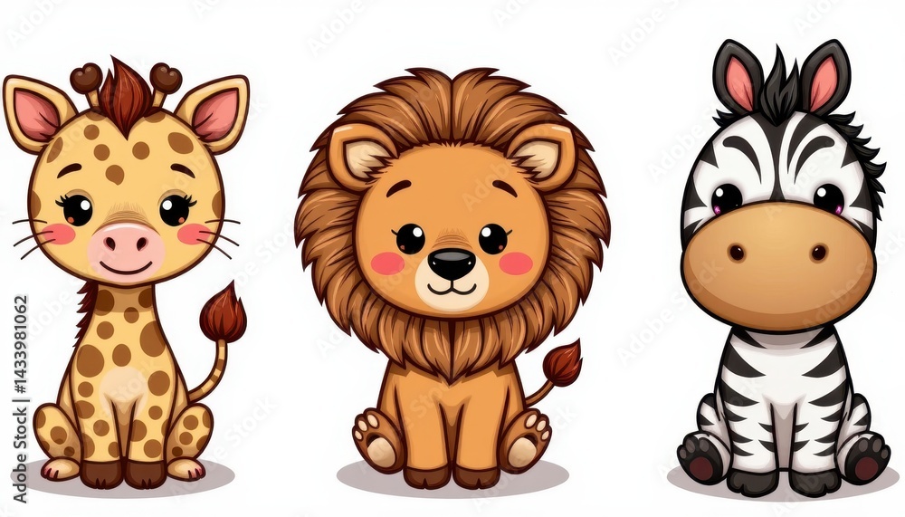 Fototapeta premium Safari animals in kawaii style: lion, giraffe, and zebra, white background