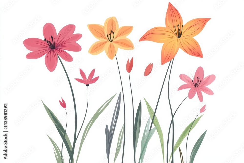 Obraz premium Vibrant floral arrangement of various blossoms. Delicate, stylized flowers in soft pastel hues, with detailed petals and stems, set against a white background. A collection of blossoming plants